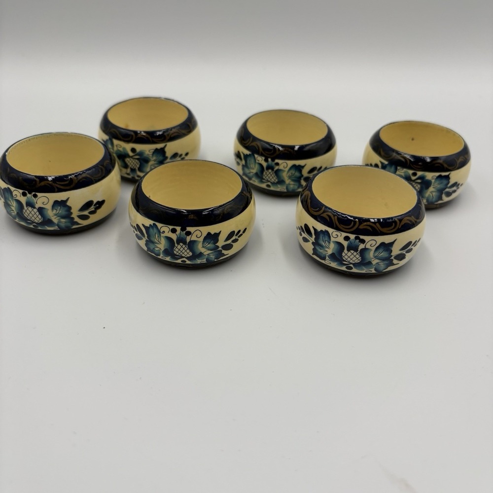 6 Hand Painted Wood Napkin Rings Vintage Blue Floral